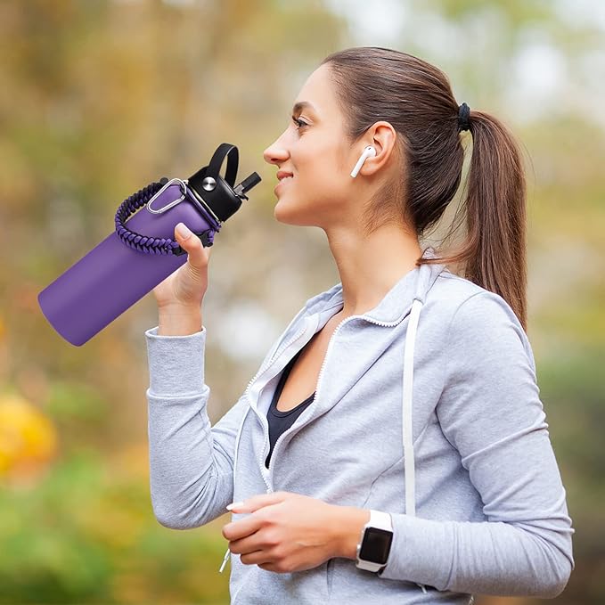 Insulated Water Bottle with Straw - 40 oz Triple Walled Water Bottle with Strap Carrier Bag, Flip Top Lid, Paracord Handle, Protective Cup Mat, Sweat-proof Metal Waterbottle for Sport, Gym, Workout