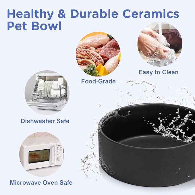 SPUNKYJUNKY Elevated Dog Bowls Ceramic, 6.1'' Dogs and Cat Food Water Bowls Raised with Non-Slip Bamboo Stand for Medium Sized Breed Microwave Dishwasher Safe - 28.7 OZ,Black