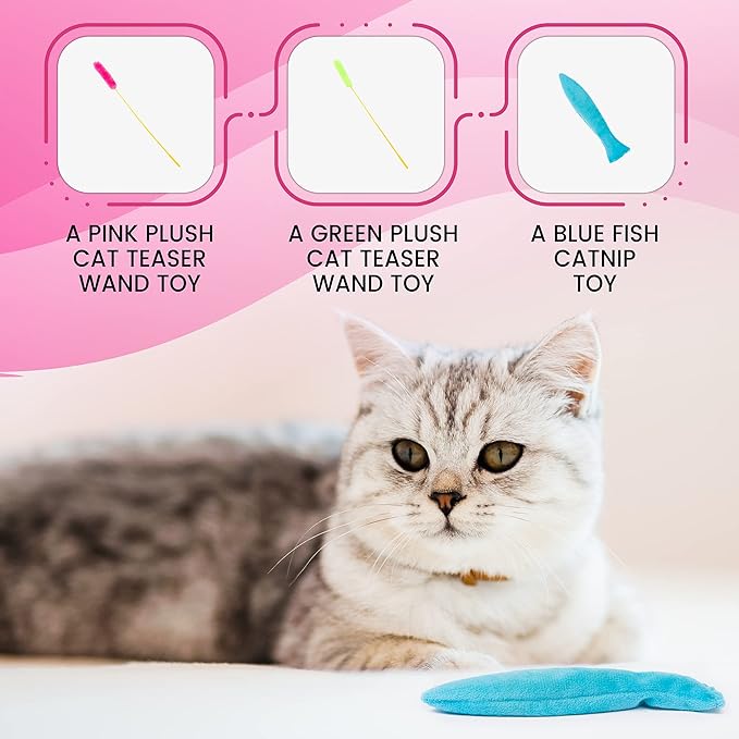 Interactive Catnip Cat Toy, A Blue Fish Catnip Toy (Filled with Natural Catnip) and Pink & Green Cat Teaser Wand Toys with Plush Tips for Indoor Cats and Kittens, 3Pcs Set