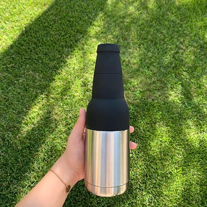 3 in 1 Beer Bottle and Can Cooler, Vacuum Insulated Double Walled Stainless Steel Cooler with Beer Opener, 12 oz Slim Can Insulator Holder (Black)