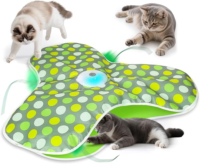Interactive Cat Toy for Indoor Cats - Automatic Hide & Seek, Motion Activated Feathers, Squeaky Mouse, Touch Activated, USB Rechargeable - Top Bored Cat Toy（Green）