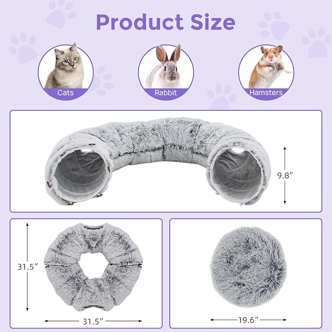 Plush Cat Tunnel Bed for Indoor Cats with Soft Cushion, Multi-Shape Play Cave with Hanging Balls, Large and Foldable Cat Donut Tunnel for Small and Large Pets (Grey)