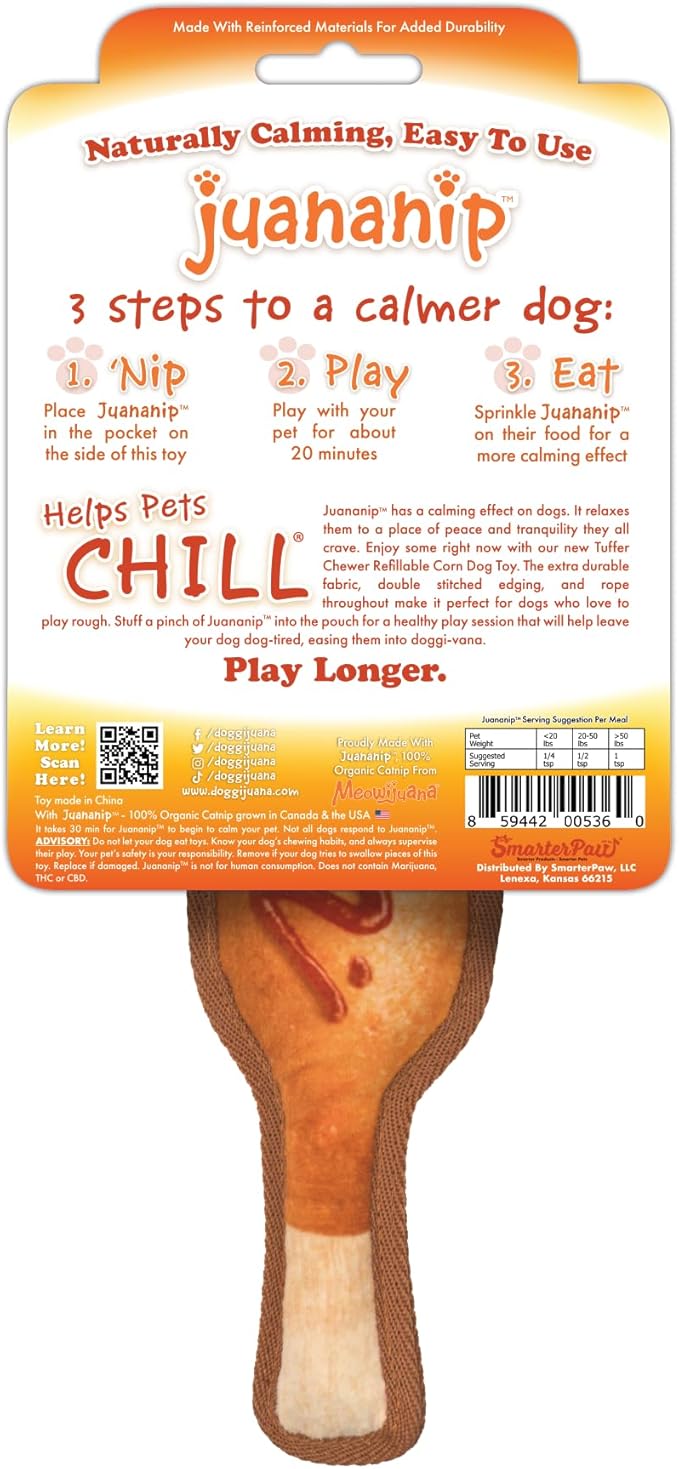 Doggijuana Tuffer Chewer Mini Plush Dog Toy | Funny Dog Toy Plush with Juananip Catnip for Dogs | Calming Aid for Dogs | Interactive Squeaky Chew Toy for Play (Corn Dog)