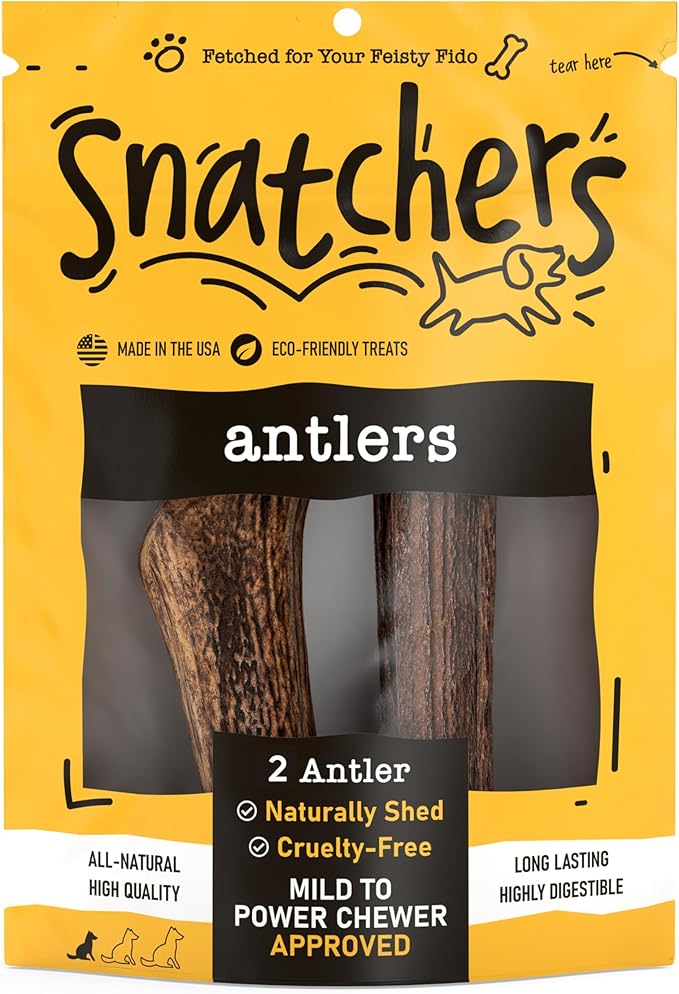 Snatchers Elk Antlers for Dogs – Long Lasting Dog Chews and Dog Toys for Aggressive Chewers, Naturally Shed Deer Antlers for Dogs Processed in The USA, No Additives (Medium, 5-7", 2 Count)