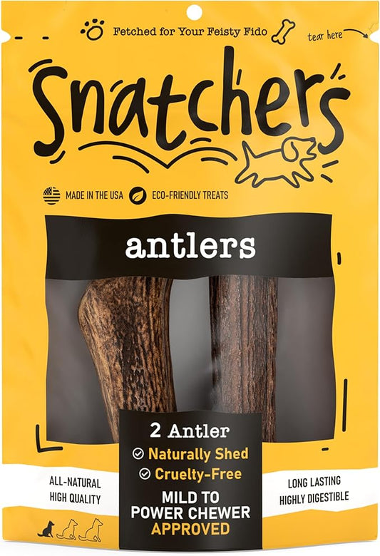 Snatchers Elk Antlers for Dogs – Long Lasting Dog Chews and Dog Toys for Aggressive Chewers, Naturally Shed Deer Antlers for Dogs Processed in The USA, No Additives (Small, 4-5", 2 Count)