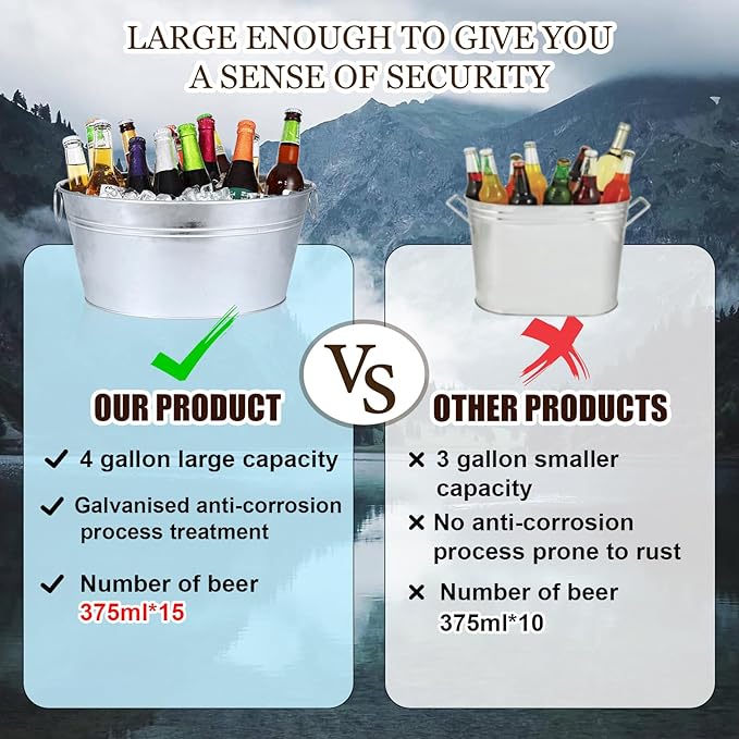 Ice Bucket, Oval Beverage Tub, Galvanized Bucket and drink Cooler for Parties, Ice Tub with Handles for Beer Sparkling Whisky Wine Cocktails (3.5gal) (Galvanized)