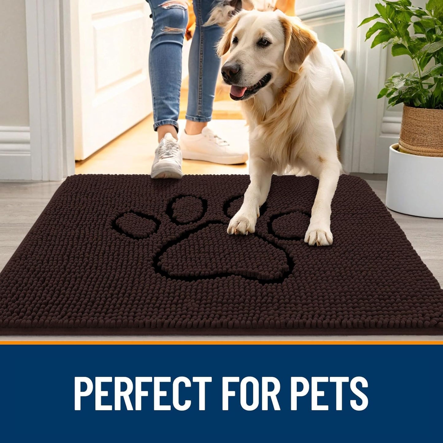 OLANLY Door Mat for Muddy Dog Paws 30x20, Absorbent Chenille Mud Doormat with Paw Print Design, Non-Slip Washable Doormat for Indoor Entryway, Quick-Dry Pet Bed Mats for Dirty Dogs, Brown and Black
