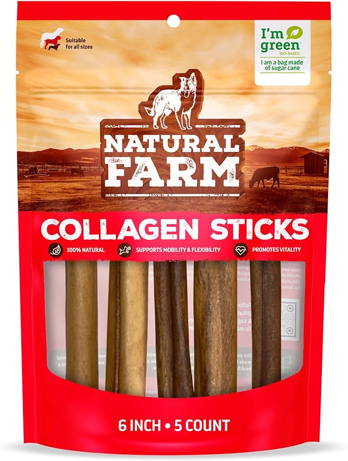 Natural Farm Collagen Sticks 6-Inch Dog Chews - Odor-Free, 95% Natural Collagen Supports Healthy Joints, Skin & Coat - Small, Medium Dogs – Lasts 20% More (6 inch, 5 Pack)