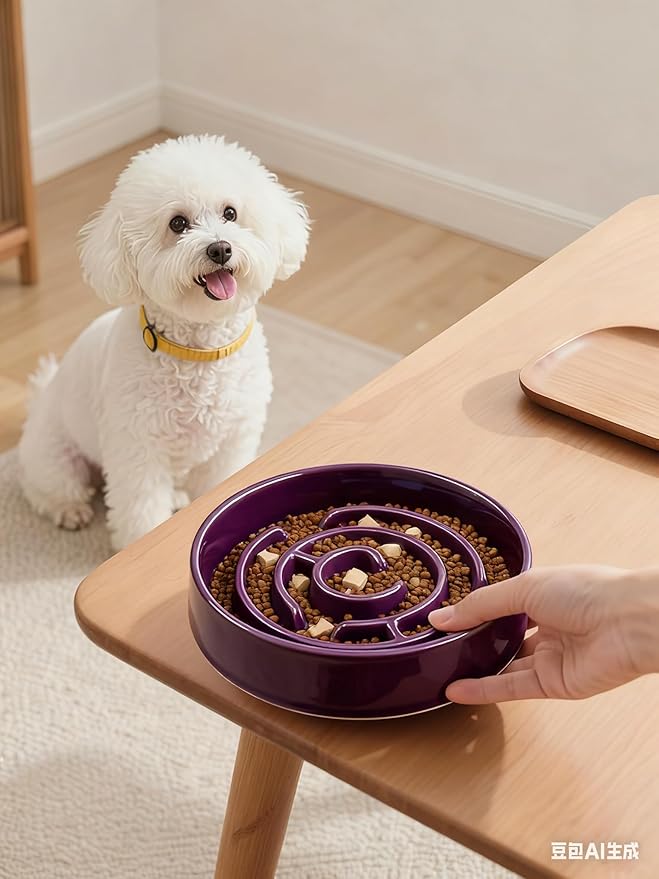 Slow Feeder Dog Bowls, Silicone Dog Bowl with Anti-Slip, Slow Feeder & Non-Slip Design, Boredom and Anxiety Reducer, Suitable for All Breed Dogs and Cat (Ceramic-Purple)