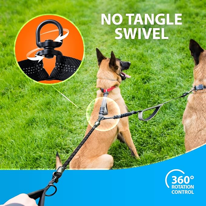 SparklyPets Double Dog Leash for 2 Dogs – Rope Bungee Dual Leash for Medium and Large Breeds with Padded Handles & Tangle Free (Gray Coupler, Medium/Large)