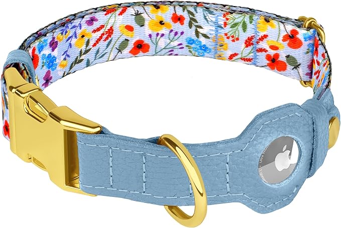 AirTag Dog Collar for Small Medium Large Breed - Adjustable Cute Pattern Dog Collar with Airtag Holder and Metal Buckle - Soft Leather Tracker GPS Apple Air Tag Pet Collars for Puppy Girl Boy Female