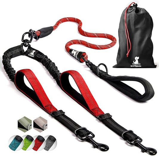 SparklyPets Double Dog Leash for 2 Dogs – Rope Bungee Dual Leash for Medium and Large Breeds with Padded Handles & Tangle Free (Red, Medium/Large)