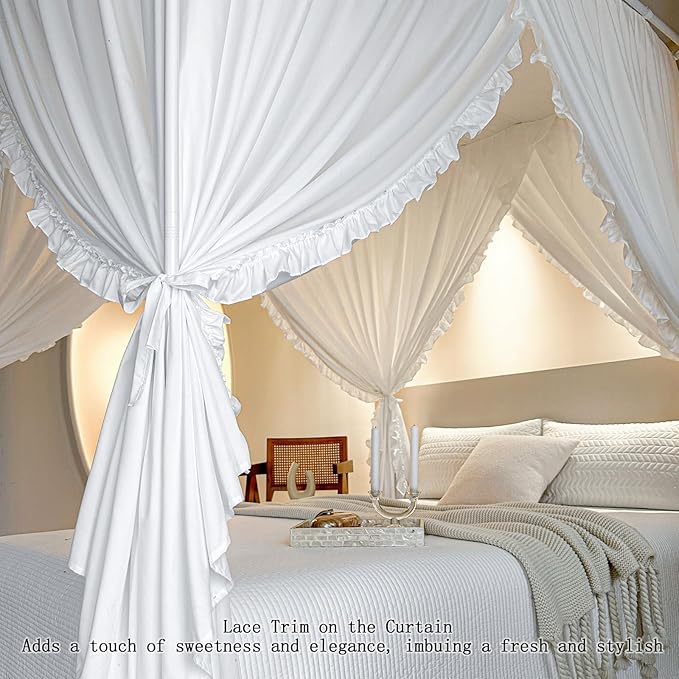 AIKASY Princess Canopy Bed Curtains with Top Ties - Windproof & Lightproof for Girls' Adult Bedroom Decor | Bed Canopy Drapes (King,White)