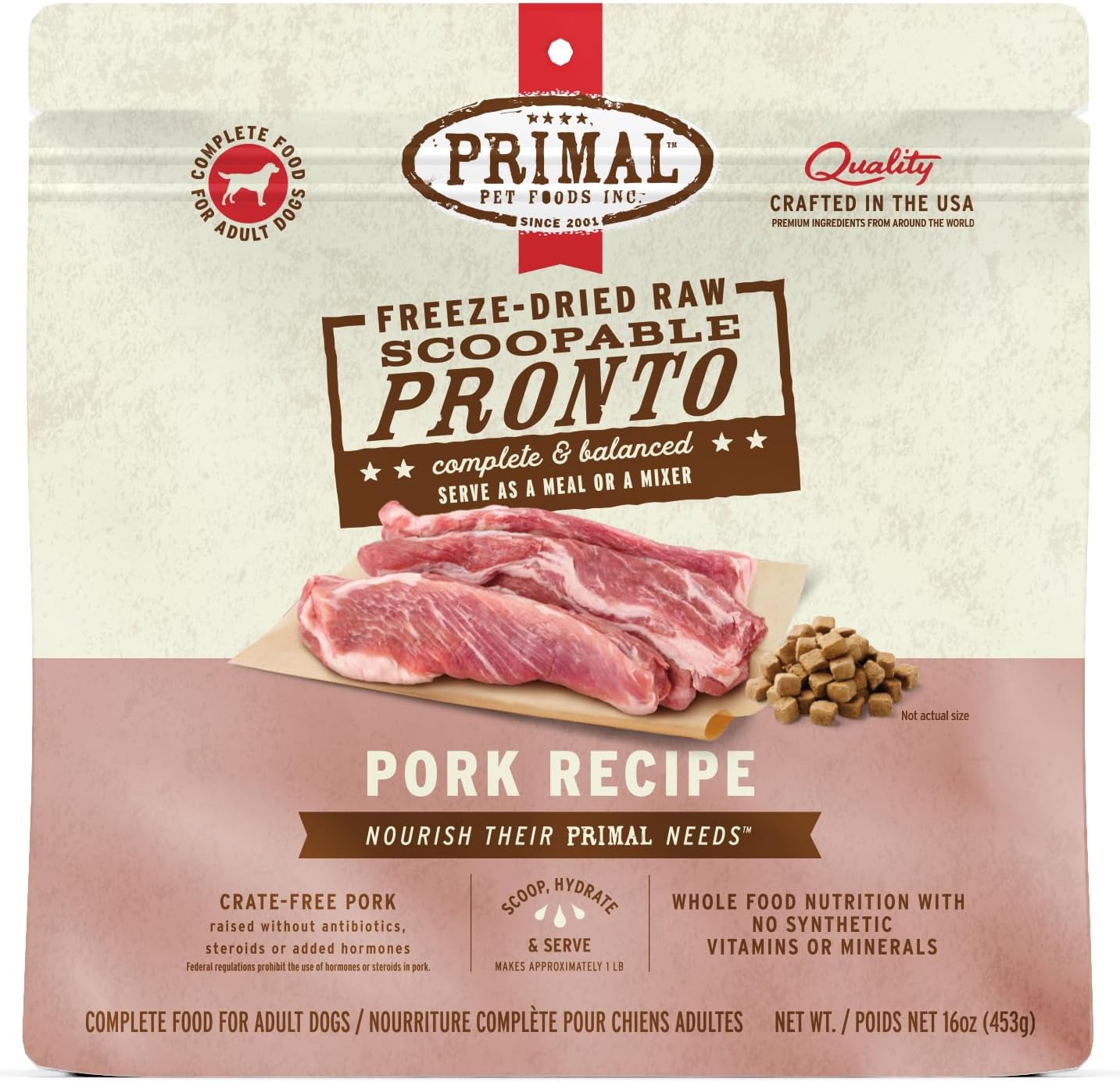 Primal Freeze Dried Dog Food, Pronto Mini Nuggets, Pork; Scoop & Serve, Complete & Balanced Meal; Also Use As Topper or Treat; Premium, Healthy, Grain Free, High Protein Raw Dog Food (16 oz)