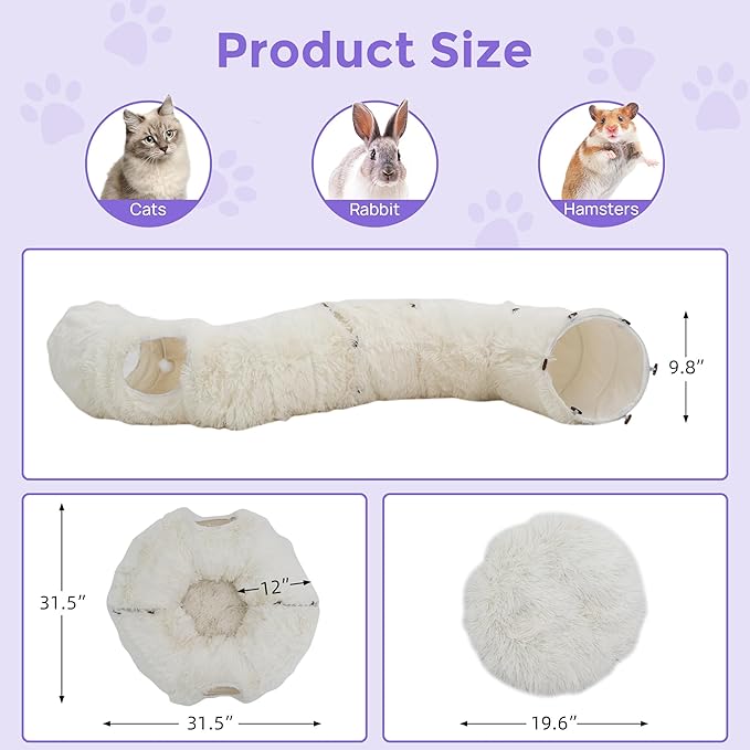 Plush Cat Tunnel Bed for Indoor Cats with Soft Cushion, Multi-Shape Play Cave with Hanging Balls, Large and Foldable Cat Donut Tunnel for Small and Large Pets (White)