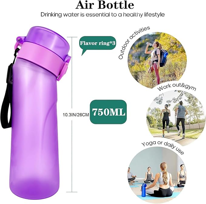 Air Water Bottle,750ML Scent Water Cup with 3 Flavour Pods,Leak Proof Sports Water Cup with Straw Suitable for Outdoor Sports,Gifts From Friends, Birthday Gifts (New Purple + 3pods)