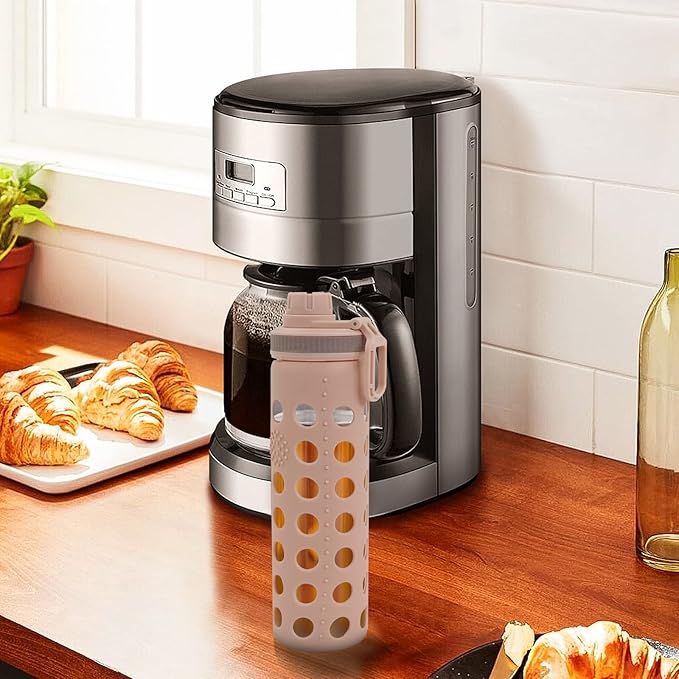 Modern-Depo 20oz Clear Glass Water Bottles Extra Lid Odor Proof and Stain Resistant Wide Mouth Reusable Fitness Sports Bottle with Sleeve, Motivational Water Jug, Khaki