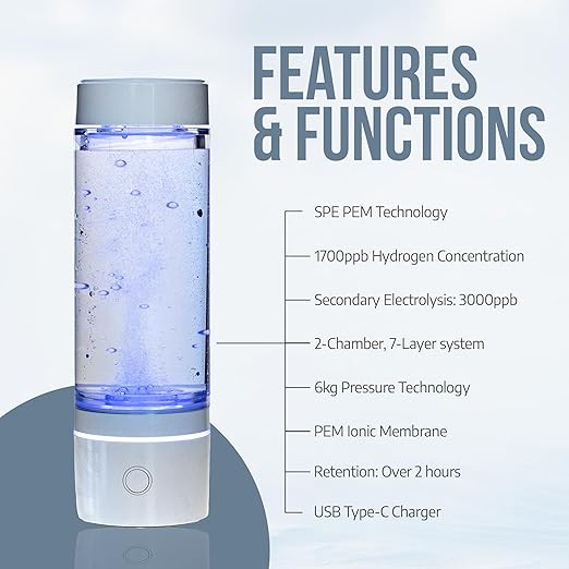 Hydrogen Water Bottle 2024 – SPE/PEM Technology Generating Up to 3000ppb Hydrogen-Rich Ionized Water for Antioxidant and Health Benefits – Environmentally Friendly PC and Glass - White