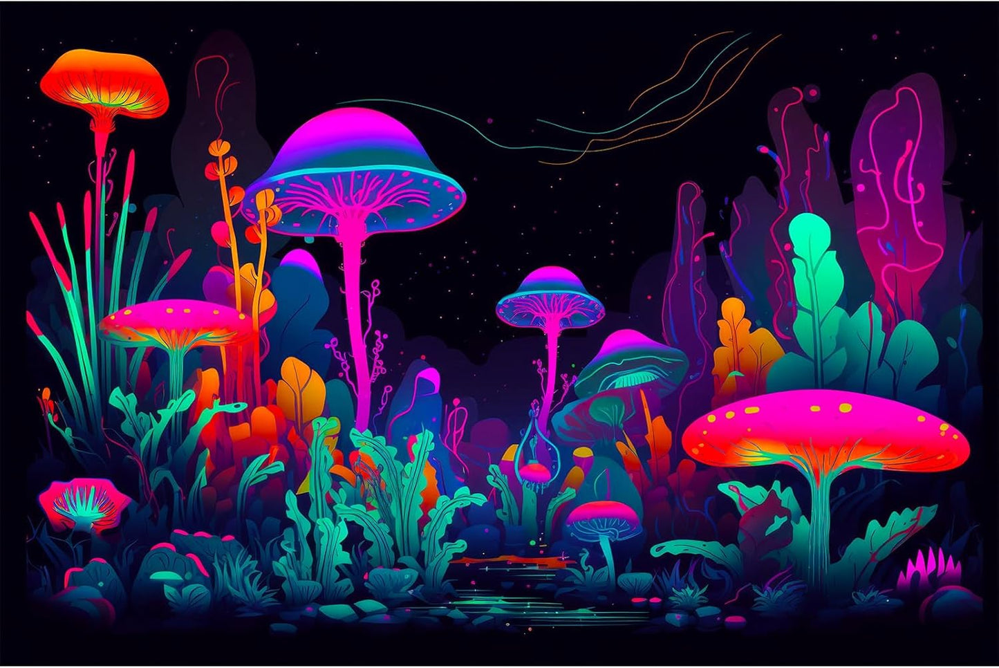 Mushrooms Aquarium Background Mushrooms in Dark Forest with Bright Colors Terrarium Background Tranquil Lake Cartoon Style Aquatic Plants Fish Tank Backdrop Poster Decorations Wallpaper Decor 48x18in