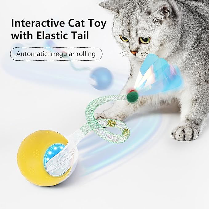 Interactive Cat Toys for Indoor Cats, Automatic Cat Ball Toy with Mesh Elastic Tail, Moving Kitten Toys for Bored Indoor Adult Cats, Chirping & Motion Activated