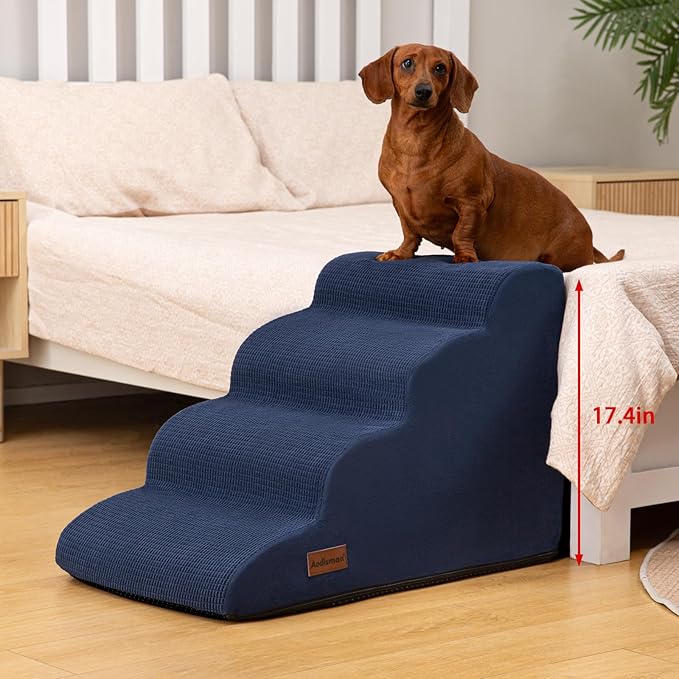 4-Step Dog Stairs and Ramp for Beds or Couches,Non-Slip Sturdy Pet Steps for Small Dogs and Cats,17.4" H,Blue