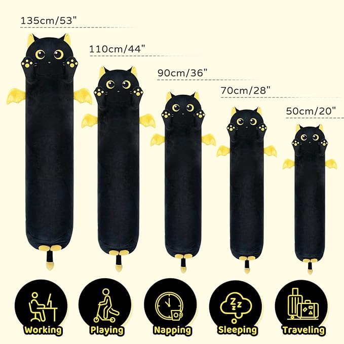 Long Cat Plush Body Pillow, 44” Cute Black Cat Stuffed Animals Plushies, Kawaii Big Squishy Plush Toys Gift for Kids Girls Boys