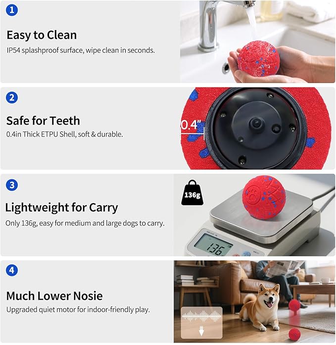 SCHITEC Interactive Dog Toys Ball Smart Automatic Bouncing Moving Rolling Vibrating Ball Motorized Pet Chase Toys for High Energy Medium Large Dogs (Red)