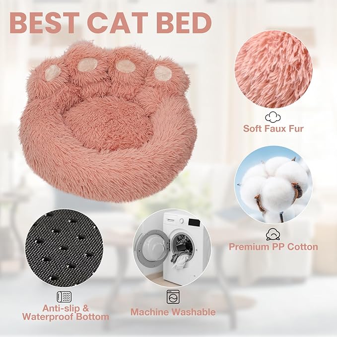 Calming Dog Bed Cat Bed Medium Size Dog - Donut Washable Medium Pet Bed, Warm Kitten Nest 24 inches Anti-Slip Round Fluffy Plush Faux Fur Cat Bed, Fits up to 25 lbs Pets, (Luxury Pink)