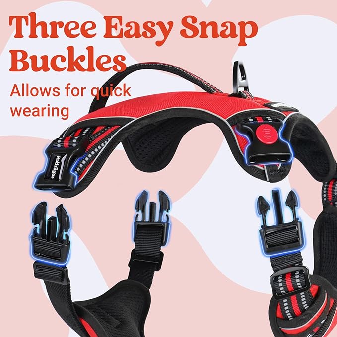 rabbitgoo Dog Harness for Large Dogs, No Pull Pet Harness with Soft Padded Handle, Adjustable Reflective Vest with 3 Buckles, Easy Walking Harness with 2 Leash Clips, Red, XL