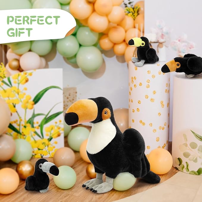 MorisMos 24" Giant Toco Toucan Stuffed Animal Mommy with 3 Baby Toucan Toys for Kid Girl Boy,Realistic Black Bird Plush with Baby Bird Toys Gift for Birthday,Tropical Rainforest Stuffed Animals Decor