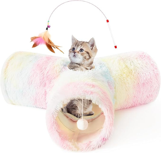 Tempcore Plush Pet Cat Tunnel Tube Cat Toys 3 Way Collapsible, Tunnels for Indoor Cats，Kitty Tunnel Bored Pet Toys Peek Hole Ball Puppy, Kitty, Kitten, Rabbit Rainbow