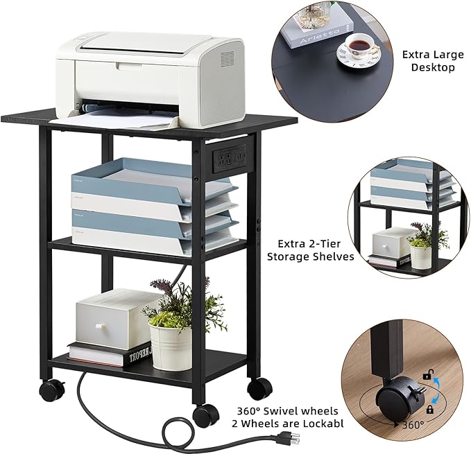 Lerliuo 3-Tier Printer Stand with Charging Station, Industrial Mobile Printer Table with Storage Shelf and Steel Frame, Rolling Printer Cart Holder with Lockable Wheels for Home, Office (Black)