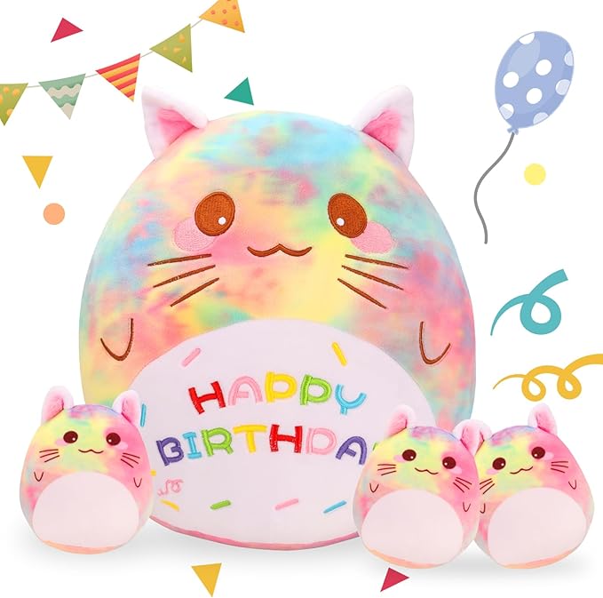 Birthday Cat Plush Pillow, 12'' Cat Stuffed Animal Cute Cat Plush Toy with 3 Little Cat Plushie Home Decoration Birthday Gift for Kids Toddlers