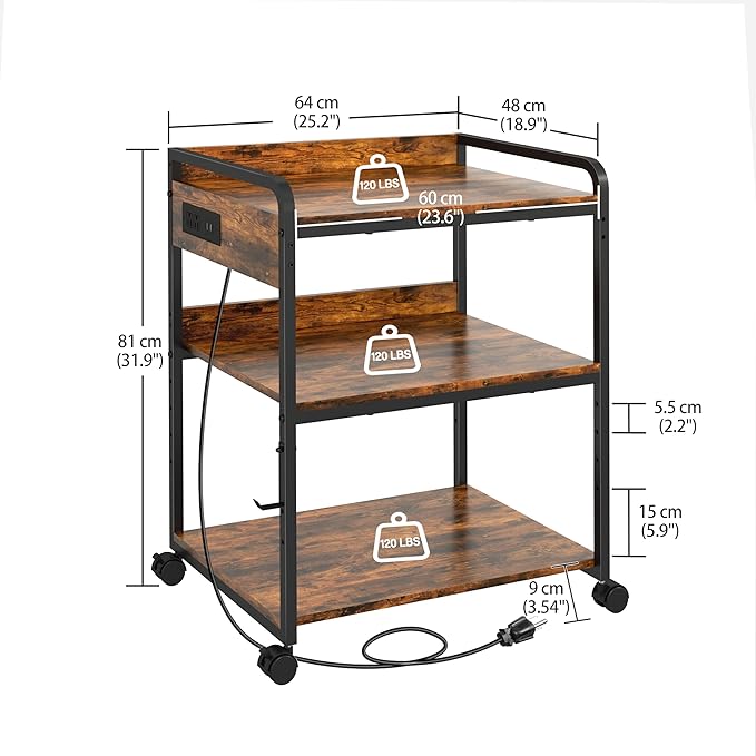 3 Tier Large Printer Stand with Wheels, 25.2 x 18.9 Inch Printer Stand with Power Outlet USB Port, Printer Table with Adjustable Storage Shelf for Home Office, Rustic Brown