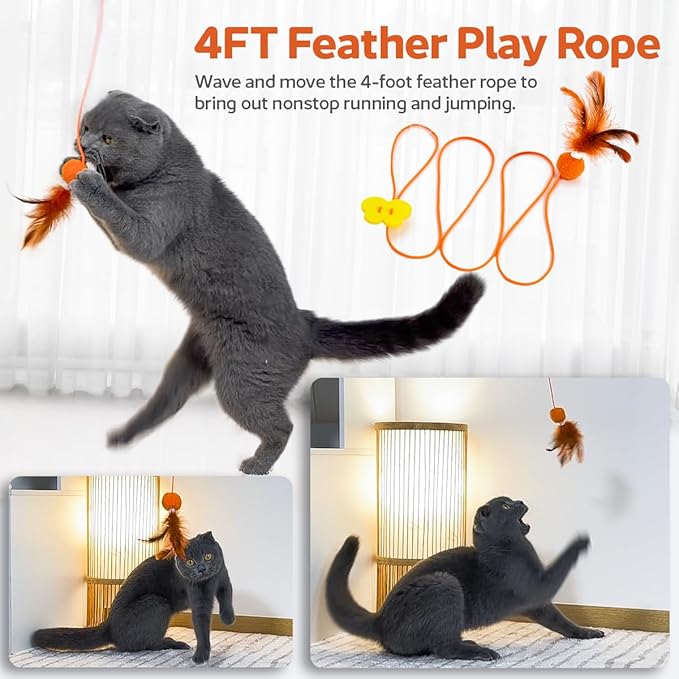5 in 1 Interactive Cat Toys for Indoor Cats Bundle - Cat Tunnel, Fishing Pole, Feather Toy Teaser Wand, Spiral Tube, Cat Kicker - Crinkle Hanging Moving Cat Toys for Bored Indoor Adult Cats