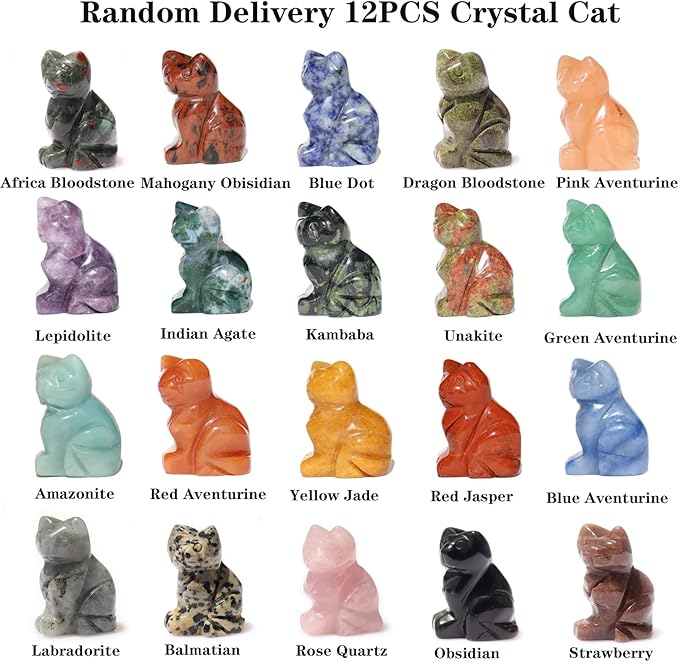 Crystal Cat Figurines Mix 12PCS, 1.5'' Hand Carved Cat Figurine, Healing Cat Statues and Figurines Gemstone Kitten Animal Carving for Collectible Figurines, Home Decor