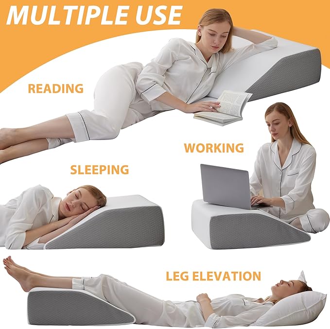 Leg Elevation Pillows, Leg Pillows for Sleeping, Cooling Gel Memory Foam Top, Wedge Pillow for Legs, Leg Wedges for Circulation, Swelling, After Surgery - Removable Cover (8 Inch, White/Grey)