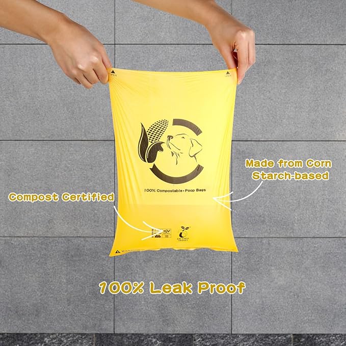 Certified Compostable Dog Poop Bags, 270 Count Landfill Friendly and Leakproof Waste Bags, Easy Open Unscented Maize Yellow Poop Bag for Dog, 15 Doggy Bags Per Roll (18 rolls)
