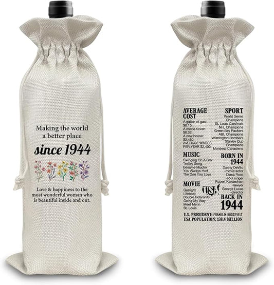 80th Birthday Gifts Wine Bag Congratulations Gifts for Women Men Parents Mom Dad Anniversary 1944 with Time Information Wine Gift Bag