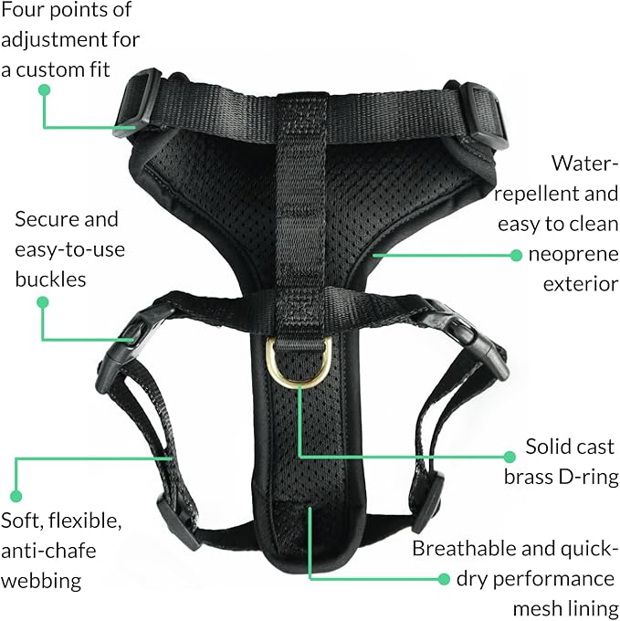 DJANGO Adventure Dog Harness - Stylish and Comfortable Small Dog Harness for Outdoor Adventures and Everyday Wear - Black Neoprene Adjustable Harness for Dogs with Reflective Piping and Brass D-Ring