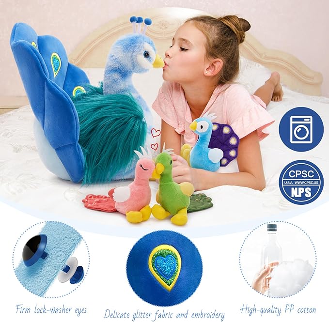 MorisMos Plush Peacock Stuffed Animal with 3 Baby Bird Plush Toys,18''Mommy Peacock Toys for Girl Boy Kid,Realistic Bird Stuffed Animals Gift for Birthday Decor Baby Shower Christmas,CE/CPC Certified