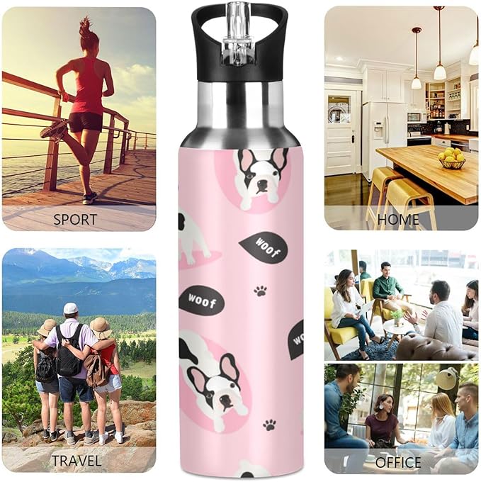 ALAZA Cute French Bulldog Puppy Dog Water Bottle With Straw Lids Boys Girls,Vacuum Insulated Leakproof Stainless-Steel Sports Bottle Thermal Flask For Gym Yoga Camping,20Oz (600Ml)
