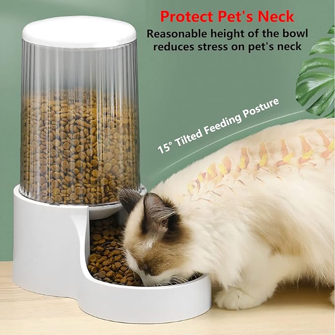 Automatic Cat Feeder, 3.8L Large Gravity Cat Food Dispenser with Detachable Top Lid, Visible Bottle and Stainless Steel Bowl for Pets (White)