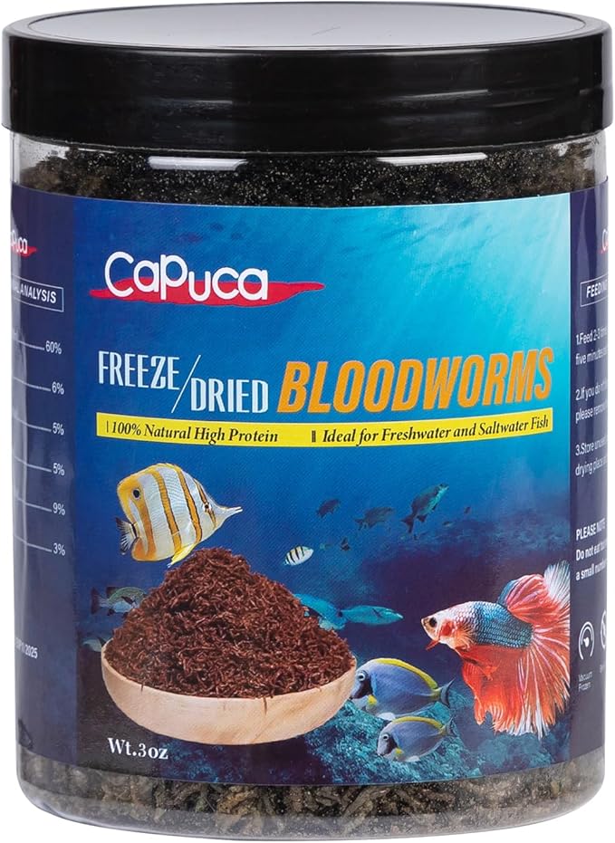 Freeze Dried Blood Worms for Fish – Natural High Protein Fish Food,Enhances Color & Growth for Betta,Cichlid, Goldfish, Guppy (3 oz)