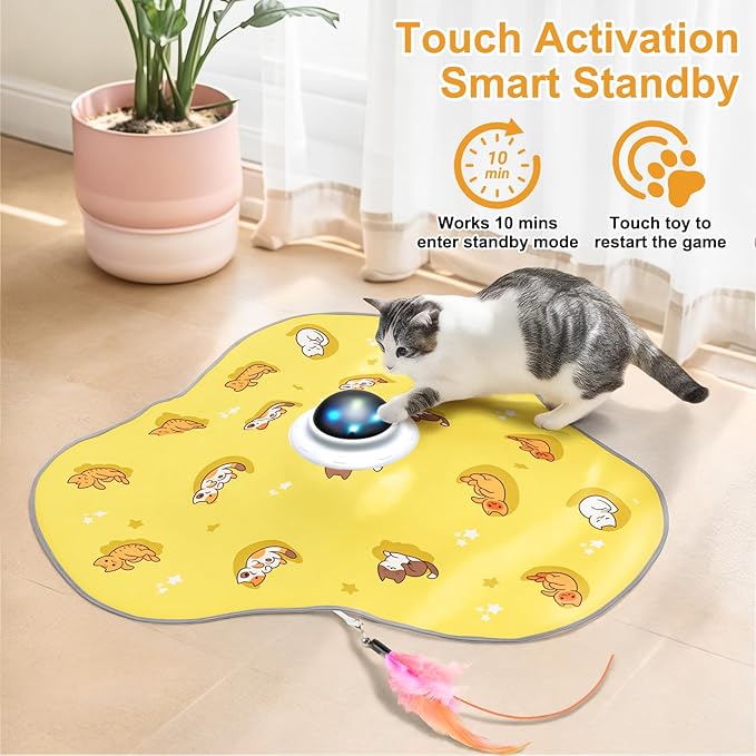 Interactive Cat Toy, Hide and Seek Cat Toys for Indoor Cats, Touch Activated, USB Rechargeable,Moving Feather, for All Breeds Bored Indoor Cats (Yellow)
