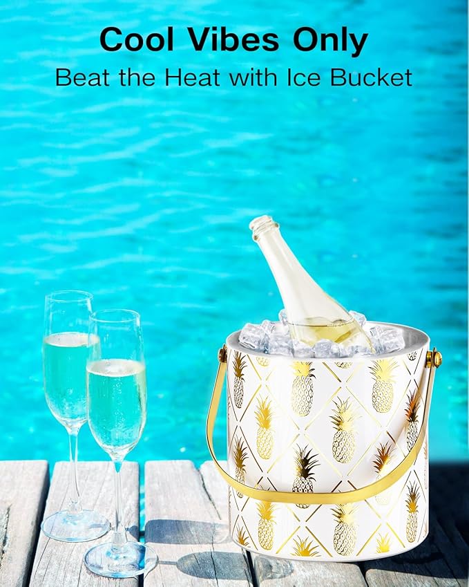 Ice Bucket for Parties with Lid, Strainer & Gold Ice Tongs, 3L Stainless Steel Insulated Champagne Buckets for Cocktail Tiki Bar, Pineapple Embossed White Ice Container Wine Drinks Chiller
