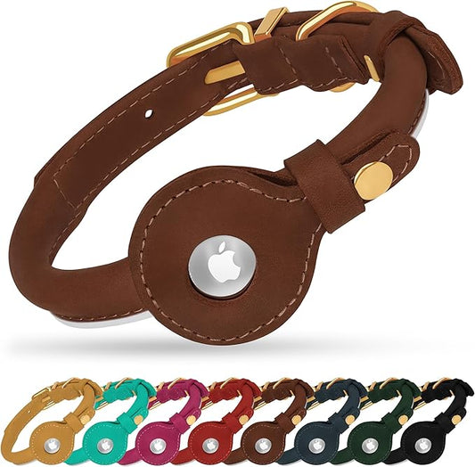 OOPSDOGGY Rolled Leather Dog Collar with Airtag Holder - Reflective Round Airtag Dog Collar - Soft Tracking Pet Collar for Small Dogs Puppy Cats Kitten (Brown, XXL, 20"-24")