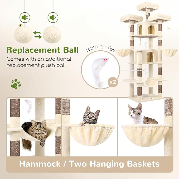 Globlazer Big Cat Tower for Indoor Cats, 80inch Cat Tower for Multiple Adult Cats XXL Cat Tree with Scratching Post, Hammock, 3 Perches, 2 Condos, 2 Hanging Basket, F80, Beige