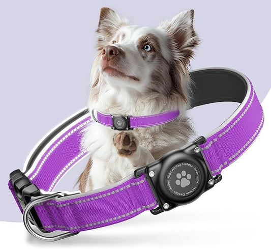 Airtag Dog Collar - 100% Waterproof Air tag Dog Collar Holder for Apple AirTag, Reflective, Soft Padded, Everlasting, GPS Dog Collar for Small Medium Large Dogs (Purple, S)