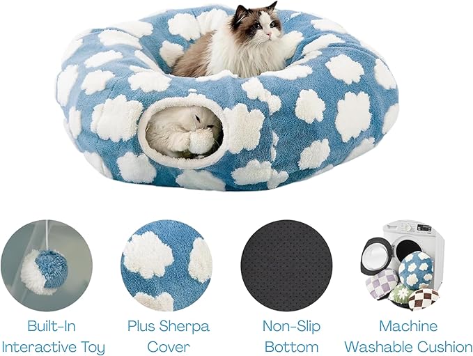 Cat Tunnel Bed – Cozy Donut Cat Cave Tunnel for Indoor Cats, Collapsible Peekaboo Play Tunnel Toy for Kittens, Rabbits & Small Pets, Standard Blue
